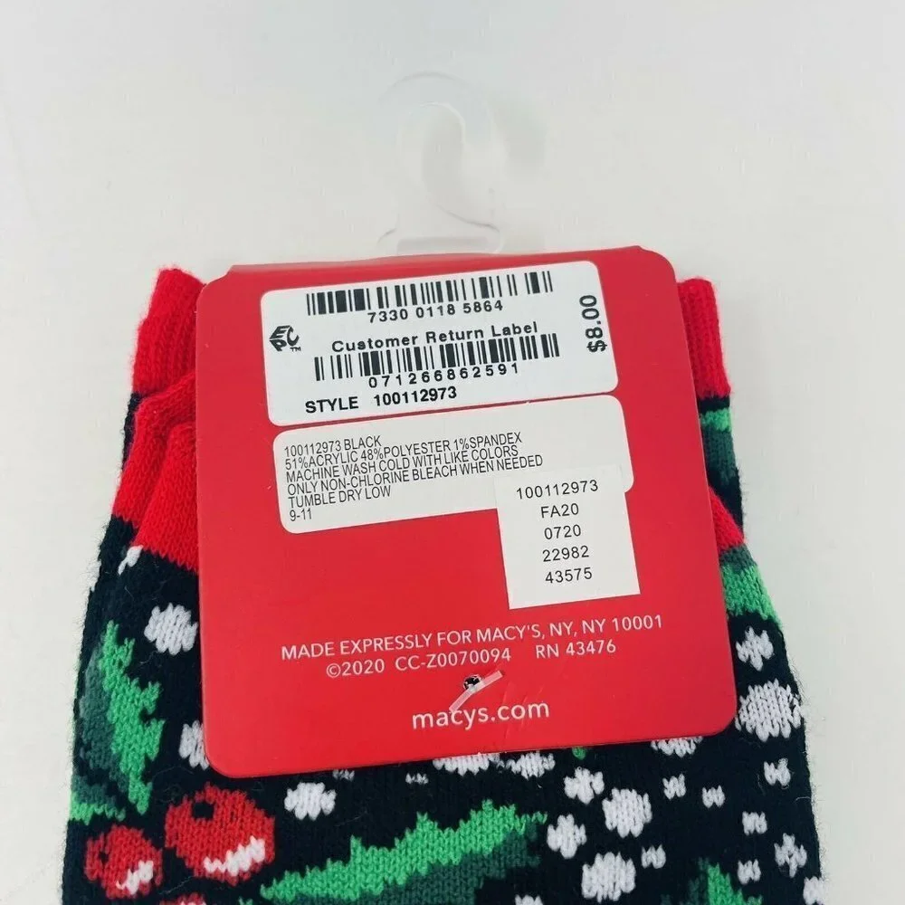 Charter Club Womens Size 9-11 Christmas Holiday Mistletoe Print Crew Socks Black